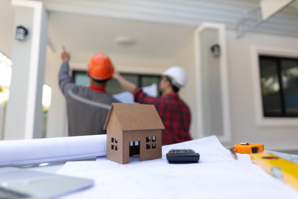 Contractor engineer discusses with an architect the construction of a home renovation project at the job site.